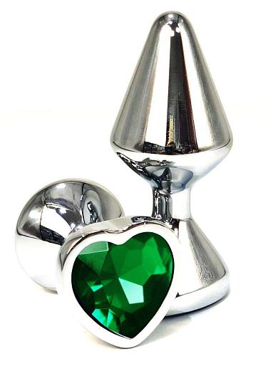 Серебристая анальная пробка с зеленым кристаллом-сердцем - 8 см.