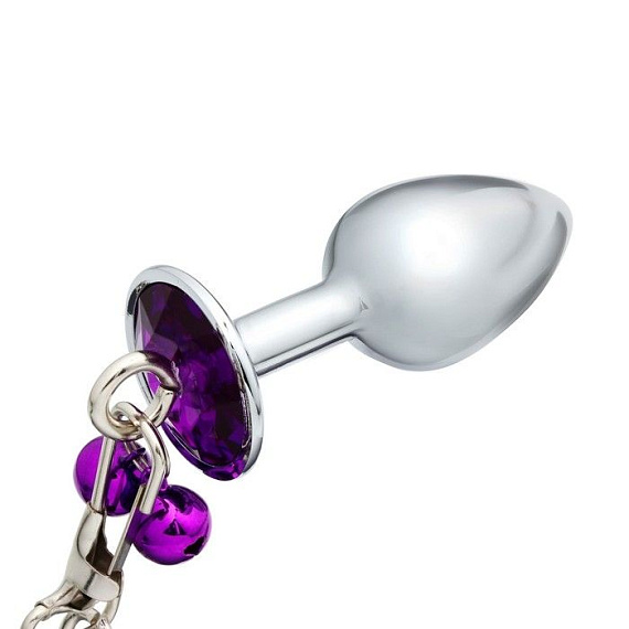 Серебристая анальная пробка с фиолетовым кристаллом, колокольчиками и поводком - алюминий