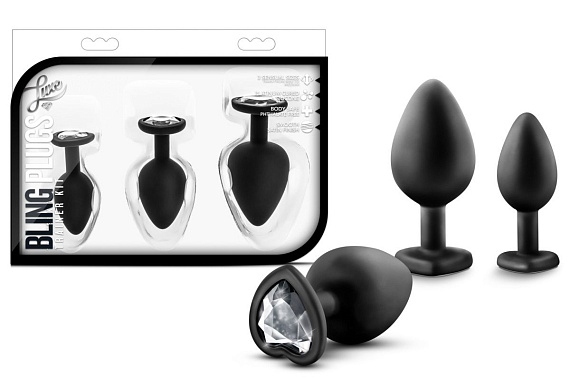 Набор из 3 черных пробок с прозрачным кристаллом-сердечком Bling Plugs Training Kit от Intimcat