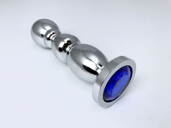Серебристая закругленная анальная пробка-ёлочка с синим кристаллом - 13 см. - металл
