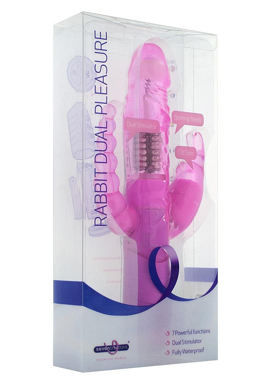 Розовый вибратор RABBIT DUAL PLEASURE с клиторальным и анальным стимуляторами - 22 см. - термопластичный эластомер (TPE)