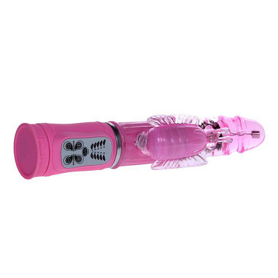 Розовый вибратор-бабочка с ротацией - 25,5 см. - Термопластичная резина (TPR)