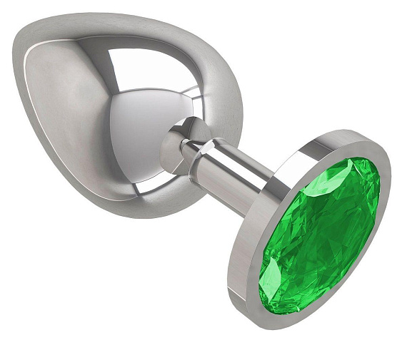 Серебристая большая анальная пробка с зеленым кристаллом - 9,5 см. - металл