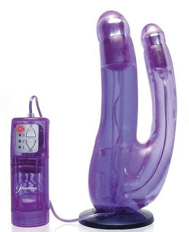 Фиолетовый двойной страпон с вибрацией Double Penetrator Vibe Strap-On - 19 см.