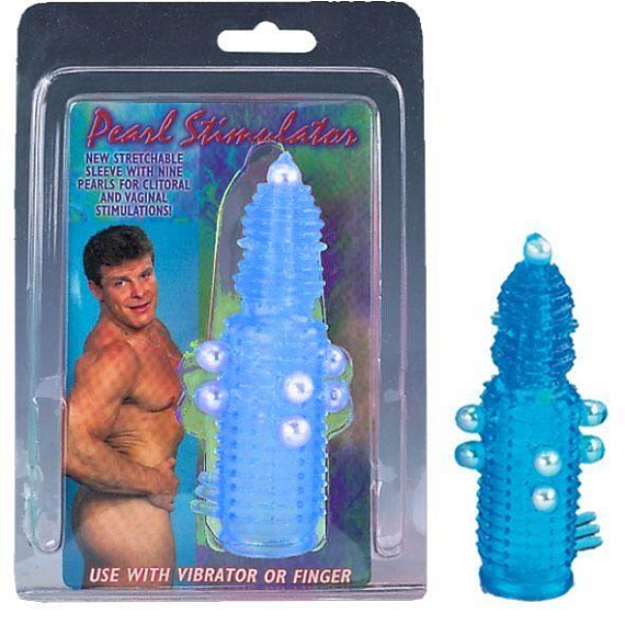 Голубая эластичная насадка на пенис с жемчужинами, точками и шипами Pearl Stimulator - 11,5 см. - Термопластичная резина (TPR)