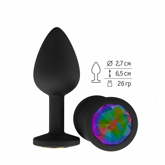 Чёрная анальная втулка с разноцветным кристаллом - 7,3 см. - силикон