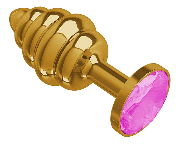 Золотистая пробка с рёбрышками и розовым кристаллом - 7 см. - металл
