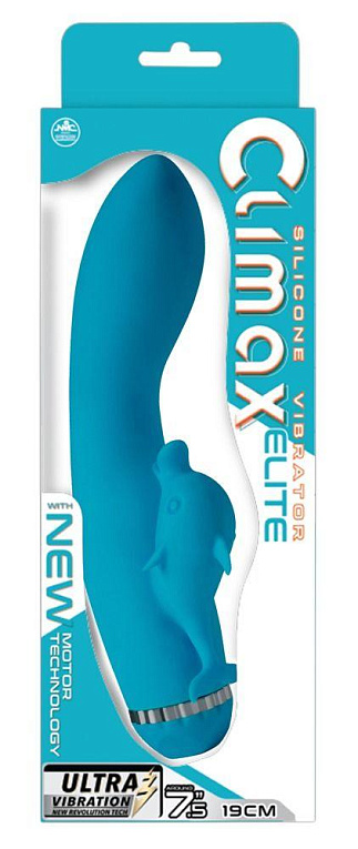 Голубой вибратор с дельфинчиком Climax Elite - 22,3 см. - силикон