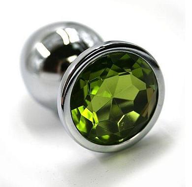 Серебристая алюминиевая анальная пробка с светло-зеленым кристаллом - 6 см.