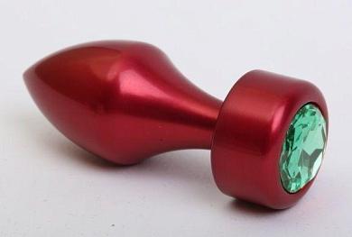 Красная анальная пробка с широким основанием и зелёным кристаллом - 7,8 см.
