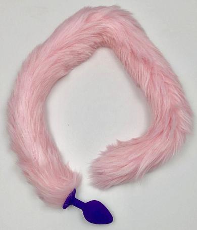 Фиолетовая силиконовая анальная пробка с розовым хвостиком - размер S