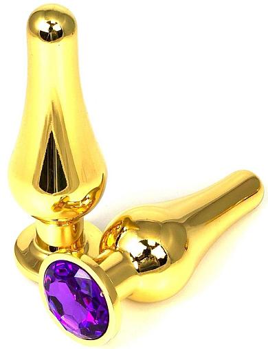 Золотистая удлиненная анальная пробка с фиолетовым кристаллом - 10 см.