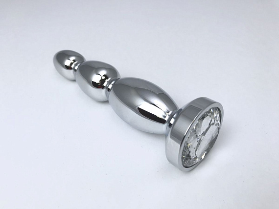 Серебристая анальная пробка-ёлочка с прозрачным кристаллом - 13 см. - металл
