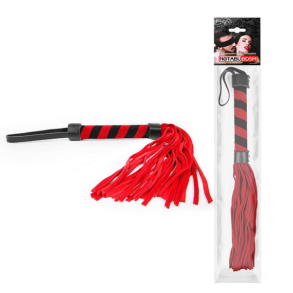 Красная многохвостовая плеть с круглой красно-черной ручкой - 39 см. - искусственная кожа
