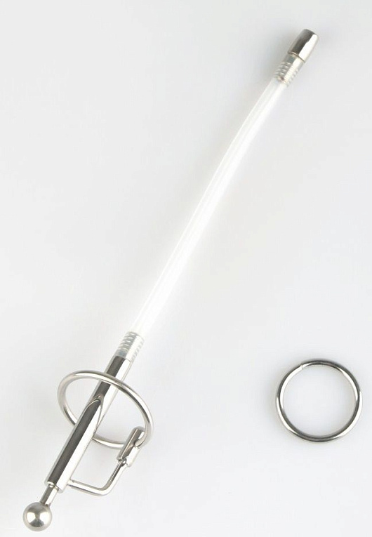 Серебристый фигурный уретральный стимулятор со съемным колечком - металл