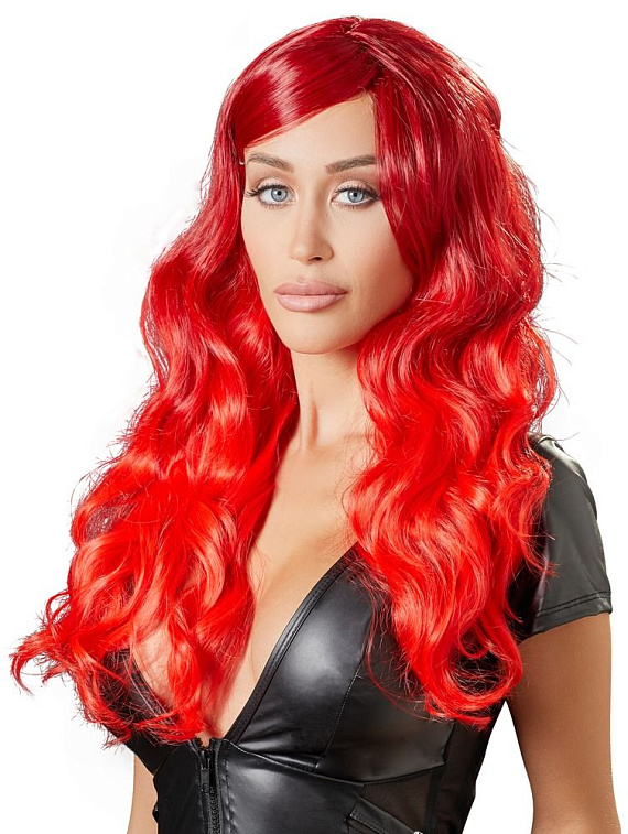 Ярко-красный парик с волнистыми волосами - полиэстер