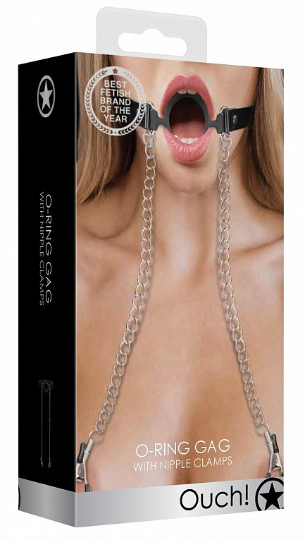 Черный кляп-кольцо с зажимами для сосков O-Ring Gag With Nipple Clamps от Intimcat