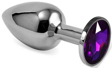 Серебристая гладкая анальная пробка с фиолетовым кристаллом - 5,5 см.