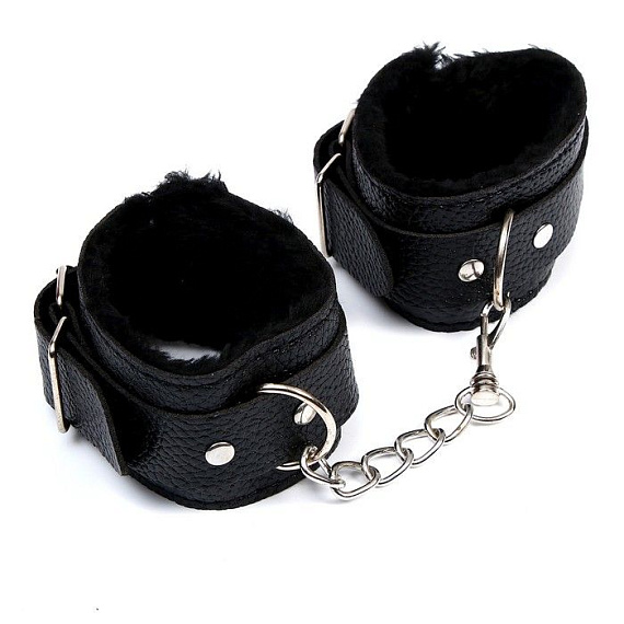 Черные наручники с меховой подкладкой - искусственная кожа, металл