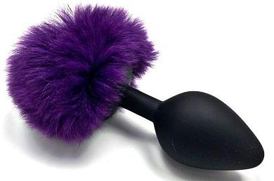 Черная анальная пробка с пушистым фиолетовым хвостиком зайки