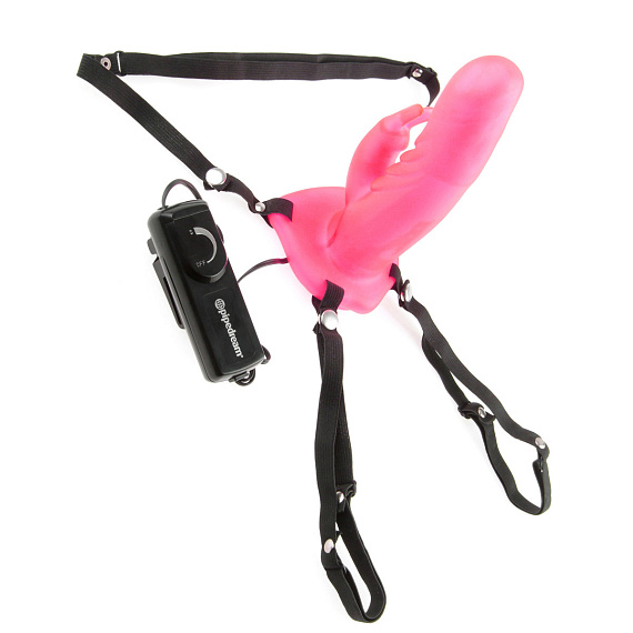 Розовый мужской полый страпон с вибрацией и клиторальным стимулятором от Intimcat