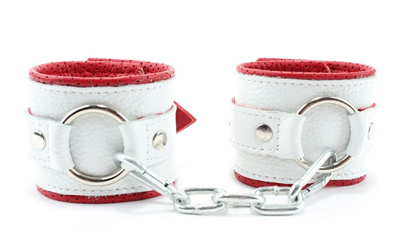 Бело-красные кожаные наручники с кольцом от Intimcat