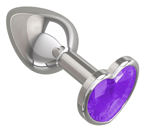Серебристая анальная втулка с фиолетовым кристаллом-сердцем - 7 см. - металл