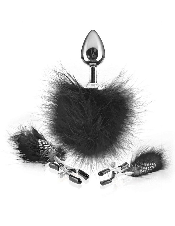 Набор Feather Nipple Clamps   Butt Plug: зажимы на соски и анальная пробка с пёрышками - металл