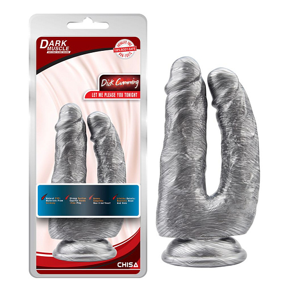 Серебристый анально-вагинальный фаллоимитатор Dick Cumming - 18 см. - поливинилхлорид (ПВХ, PVC)