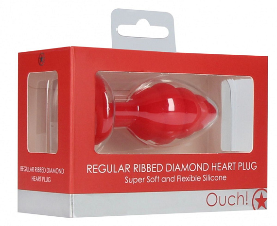 Красная анальная пробка Regular Ribbed Diamond Heart Plug - 7 см. - силикон