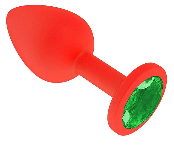 Красная анальная втулка с зеленым кристаллом - 7,3 см. - силикон