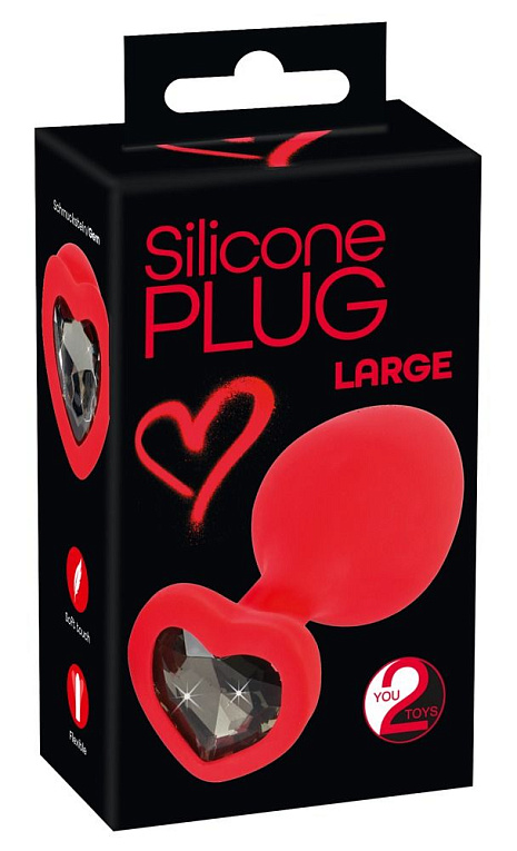 Красная силиконовая анальная пробка с черным стразом-сердечком - 9,3 см. Orion