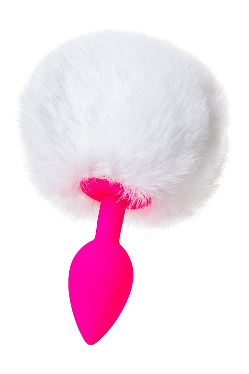 Розовая анальная втулка Sweet bunny с белым пушистым хвостиком - силикон, мех искусственный