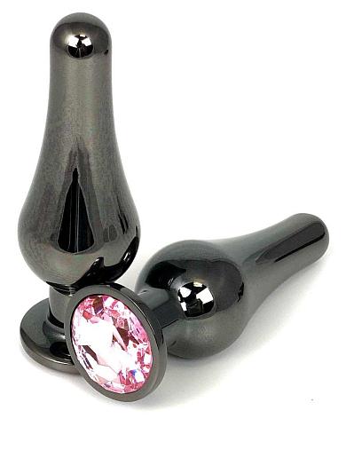 Черная удлиненная анальная пробка с нежно-розовым кристаллом - 8 см.