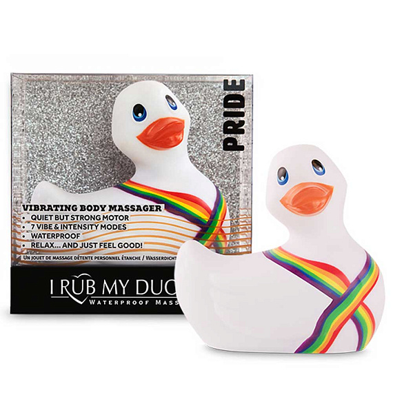 Белый вибратор-уточка I Rub My Duckie 2.0 Pride - анодированный пластик (ABS)