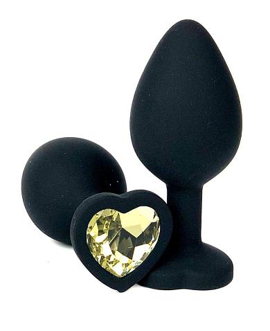 Черная силиконовая пробка с желтым кристаллом-сердцем - 10,5 см.