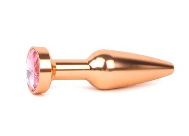 Удлиненная коническая гладкая золотистая анальная втулка с розовым кристаллом - 11,3 см.