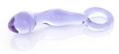Фиолетовый стеклянный фаллоимитатор с ручкой-кольцом - 17,5 см.