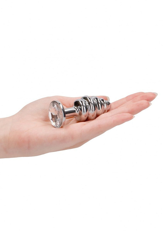Серебристая анальная пробка с прозрачным кристаллом Ribbed Diamond Plug - 7,3 см. - металл