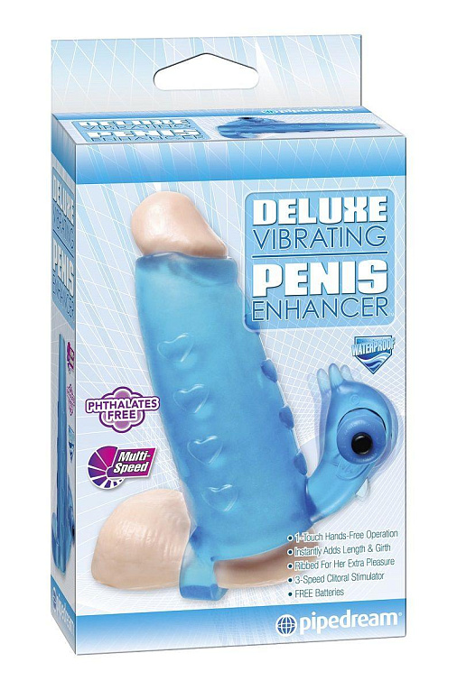 Голубая утолщающая насадка на пенис Deluxe Vibrating Penis Enhancer - 15 см. от Intimcat