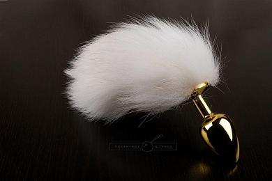 Маленькая золотистая пробка с хвостом белого зайца - 7,5 см.