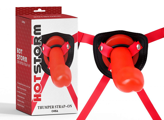 Красный страпон Thumper Strap-on на ремешках - 18 см. - термопластичный эластомер (TPE)