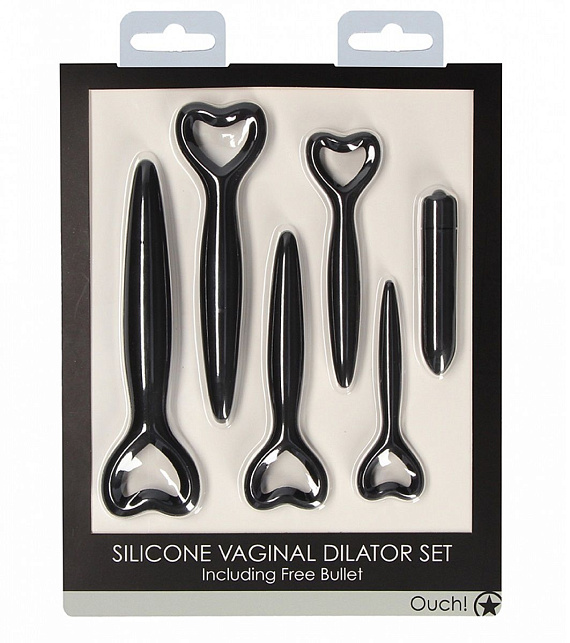 Набор черных вагинальных расширителей с вибропулей Silicone Vaginal Dilator Set - анодированный пластик, силикон