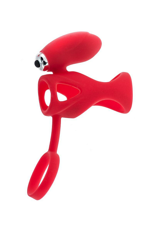 Красная насадка на пенис с клиторальным стимулятором - силикон