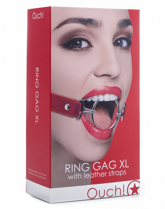 Расширяющий кляп Ring Gag XL с красными ремешками - натуральная кожа, металл