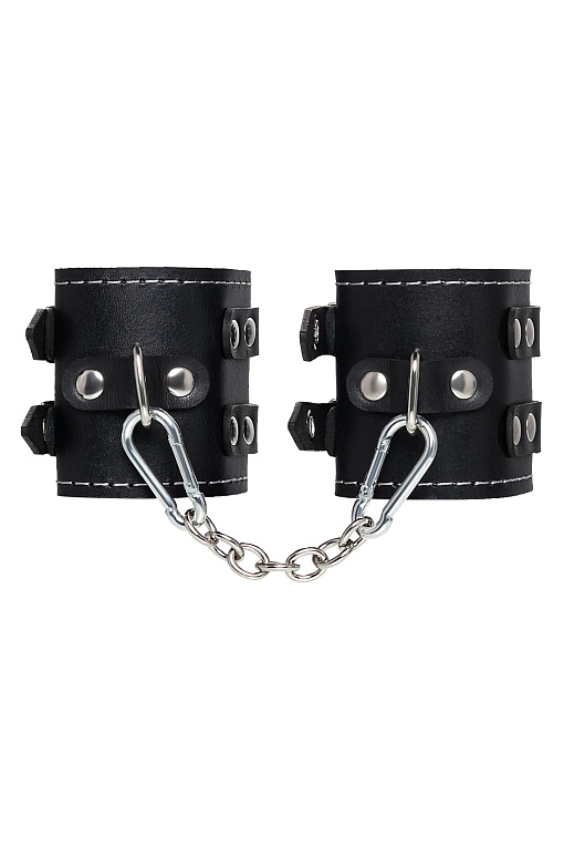 Черные кожаные наручники с двумя ремнями и красной подкладкой от Intimcat