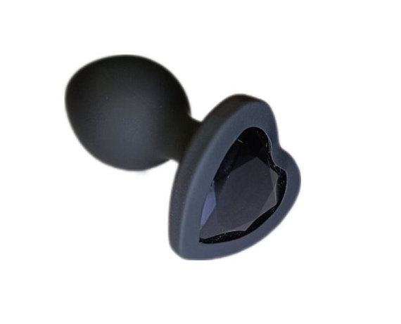 Черная силиконовая анальная пробка с основанием в виде сердечка со стразом - 7,5 см. - силикон