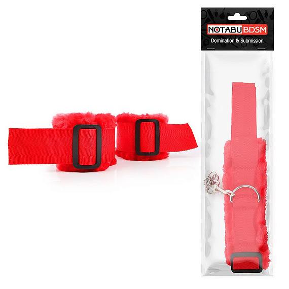 Красные меховые наручники на регулируемых черных пряжках - текстиль