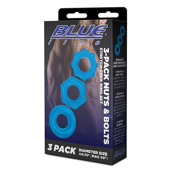 Комплект из трех голубых колец для эрекции 3-Pack Nuts   Bolts Stretch Cock Ring Set BlueLine