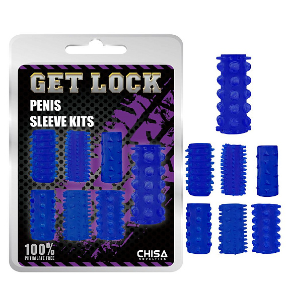 Набор из 7 синих насадок на пенис Get Lock - термопластичный эластомер (TPE)